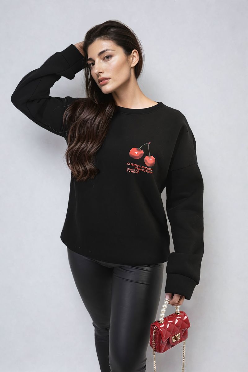 Cherry Printed Front and Back Design Oversized Knitted Jumper