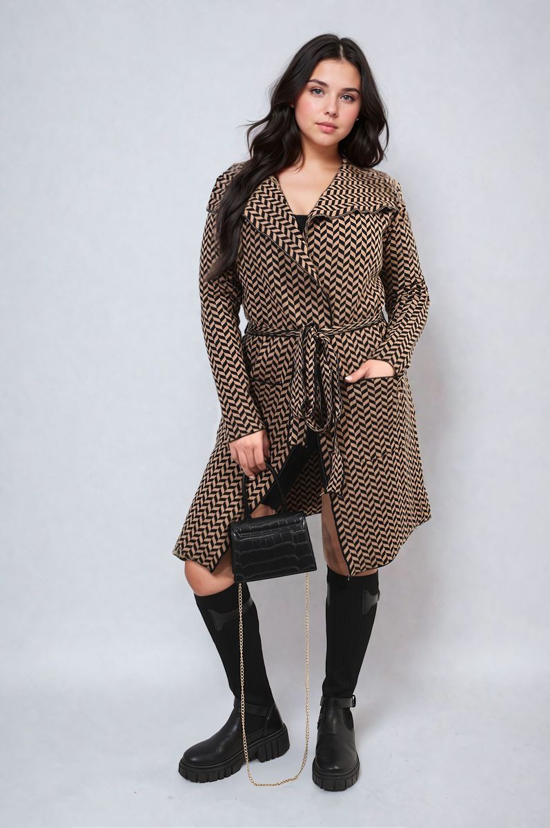 Check Print Full Sleeve Notched Lapel Collar Neck Belted Coat