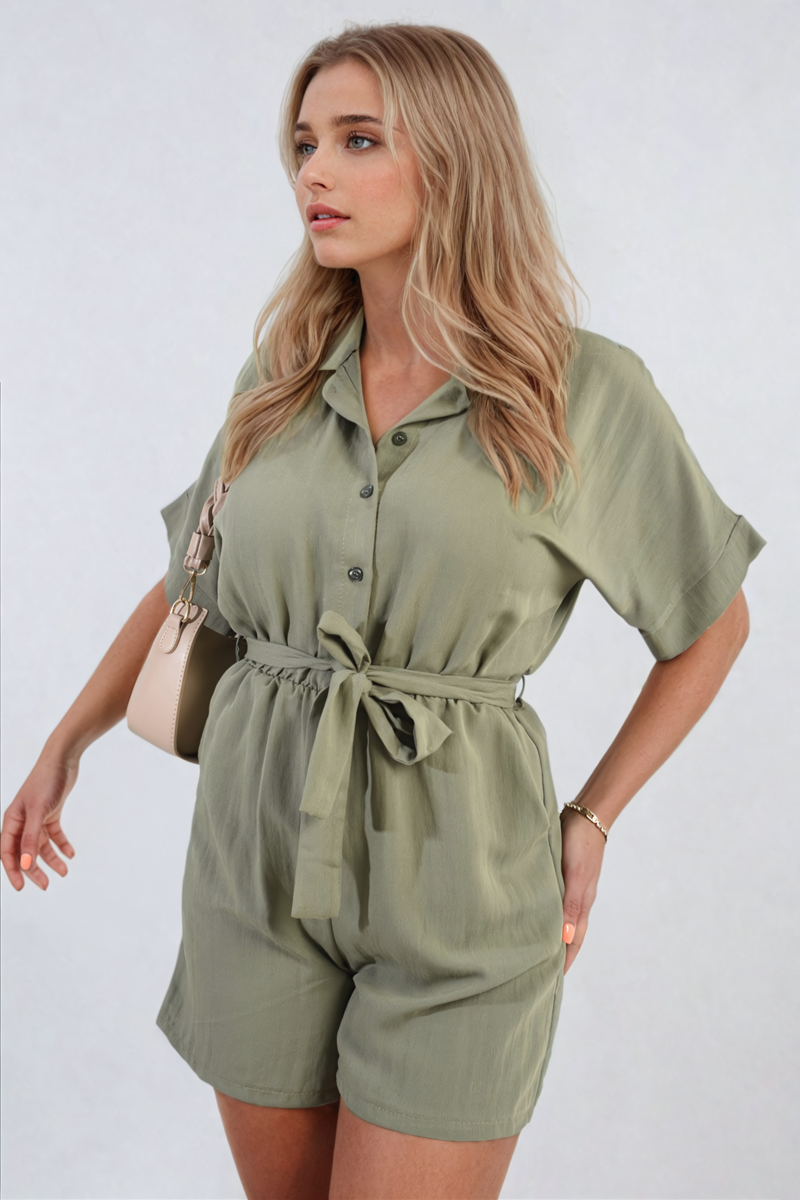 Buttoned Tie Waist Romper