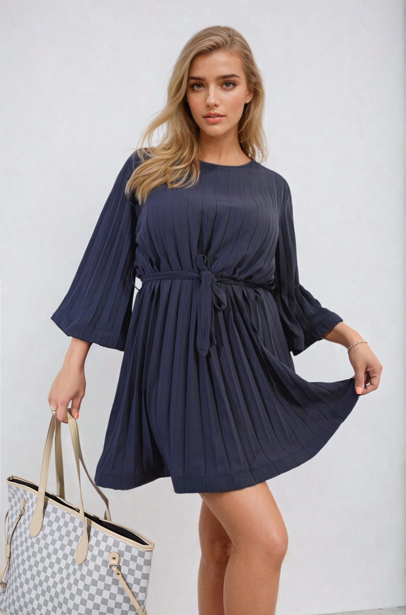 Pleated Tie Waist Mini Dress