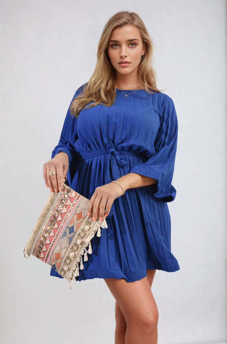 Pleated Tie Waist Mini Dress