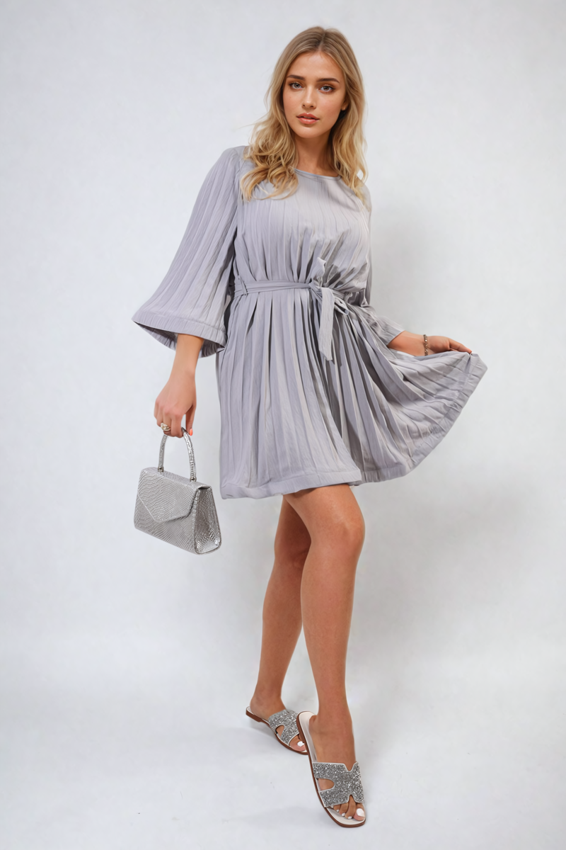 Pleated Tie Waist Mini Dress