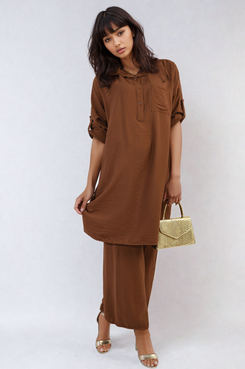 Oversized Button Front Shirt & Wide Leg Pants Co-ord Set