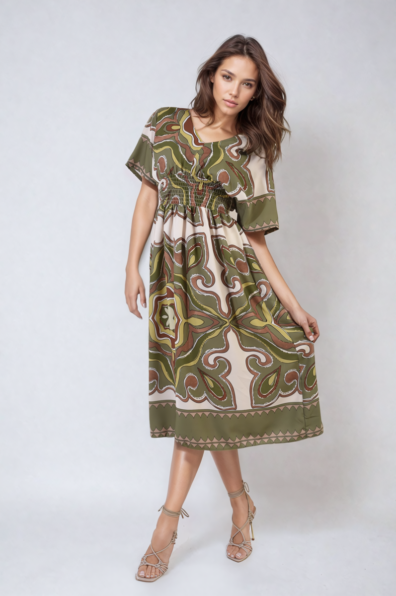 Ruched Printed V-Neck Short Sleeve Midi Dress