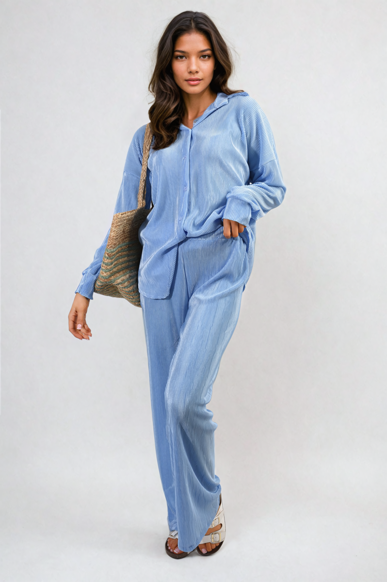 Plisse Button Front Oversized Shirt and Trouser Co-ord Set