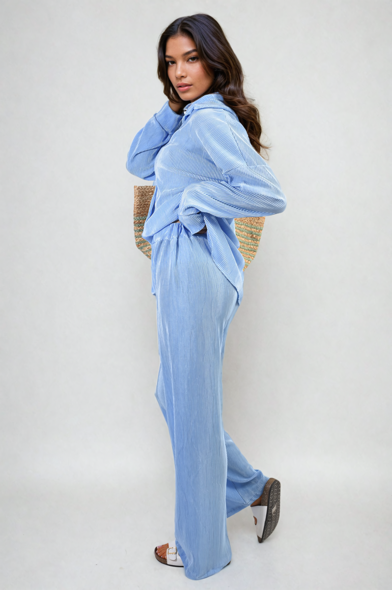 Plisse Button Front Oversized Shirt and Trouser Co-ord Set