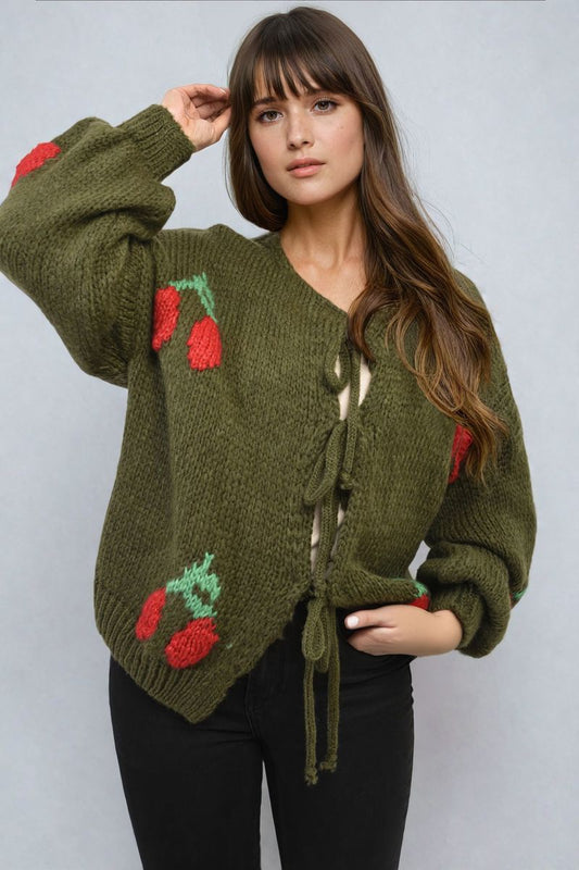 Tie Front Cherry Print Knitted Cardigan