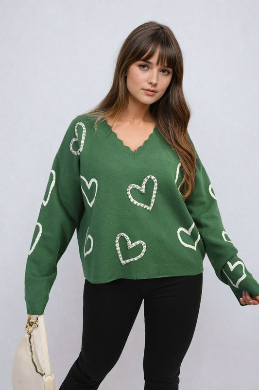 V-neck Stone Long Sleeve Knitted Jumper