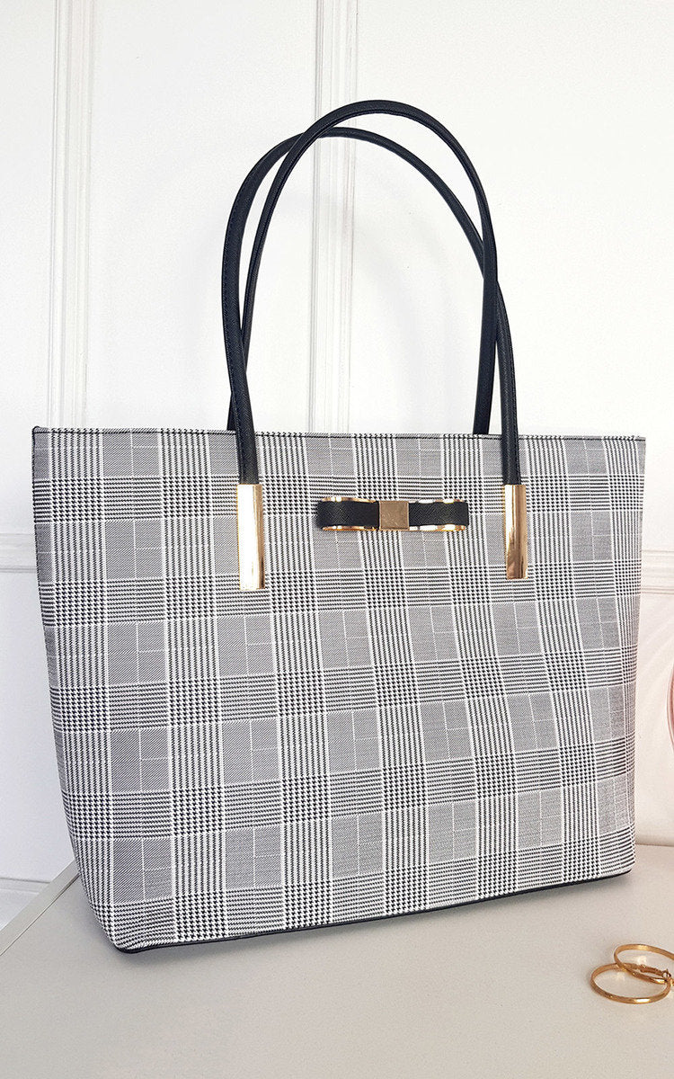 Check Print Fabric Shoulder Bag with Gold Detail