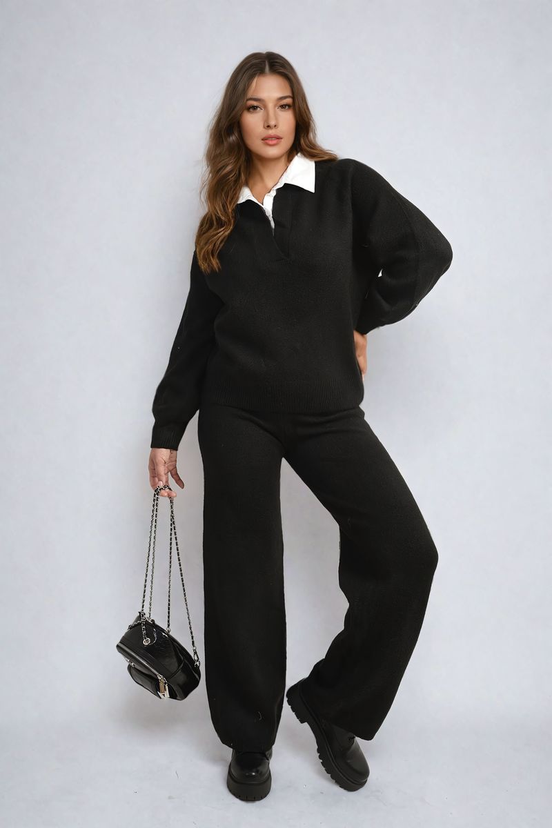 Long Sleeve Knitted Collar Top and Wide Leg Pants Co-ord Set