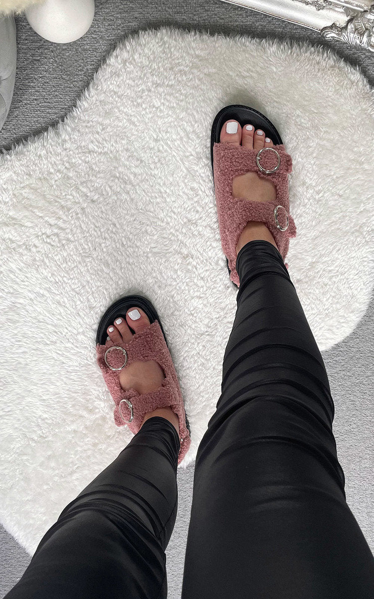 Faux Fur Double Buckle Sliders