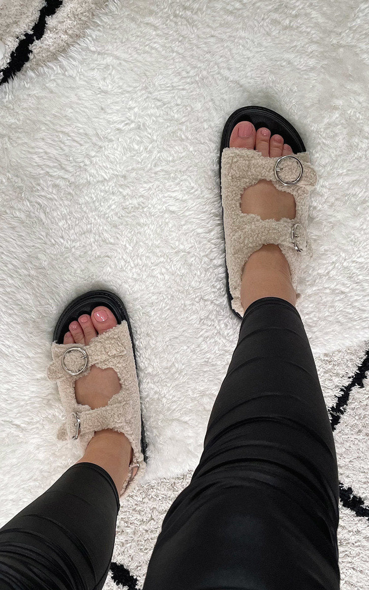 Faux Fur Double Buckle Sliders