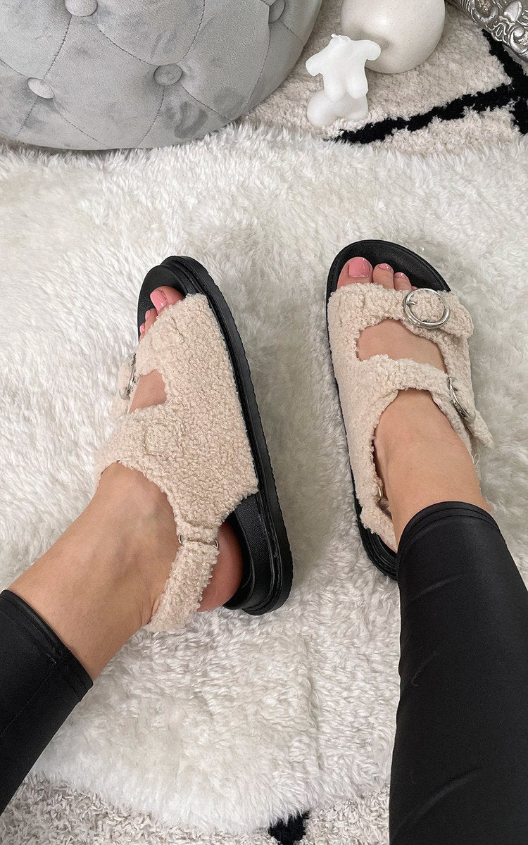 Faux Fur Double Buckle Sliders